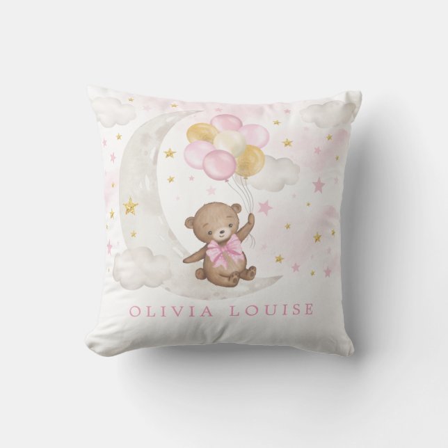 Teddy Bear Moon Stars Pink Gold Balloons Baby Girl Throw Pillow (Front)