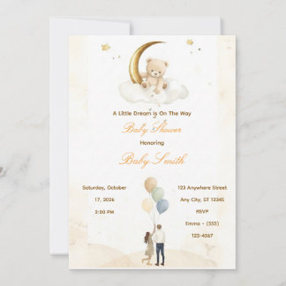 Teddy Bear Moon Watercolor Baby Shower Invitation