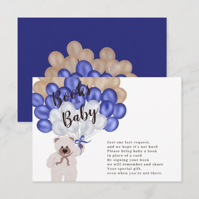 Teddy bear navy blue balloon books for baby enclosure card (Front/Back)
