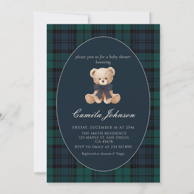 Teddy Bear Navy Plaid Baby Shower Invitation (Devant)
