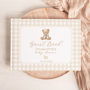Teddy Bear Neutral Gingham Baby Shower Guest Book