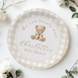 Teddy bear Neutral Gingham Baby shower Paper Plate