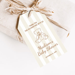 Teddy Bear Neutral Stripes Baby Shower Gift Tags