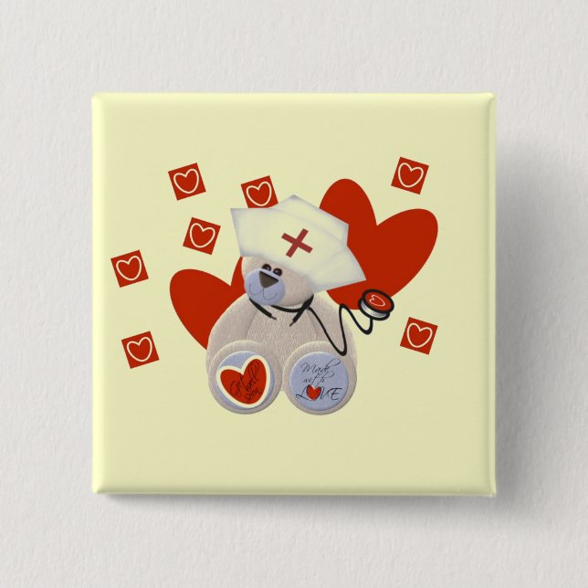 Teddy Bear Nurse Love Tshirts and Gifts 2 Inch Square Button (Front)