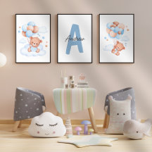 Teddy Bear nursery Baby Boy Initial Name wall art