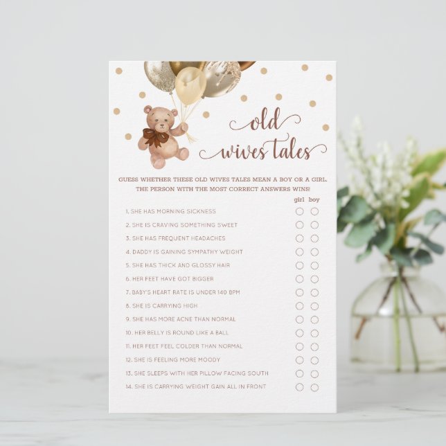 Teddy Bear Old Wives Tales Gender Reveal Baby Game (Standing Front)