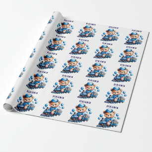 Teddy Bear On a Blue Train Boy Baby Shower Gift Wrapping Paper