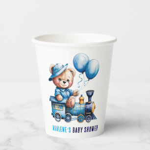 Teddy Bear On a Blue Train Boy Baby Shower Paper Cups