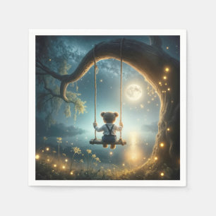 Teddy Bear On a Tree Swing With Fireflies Napkin