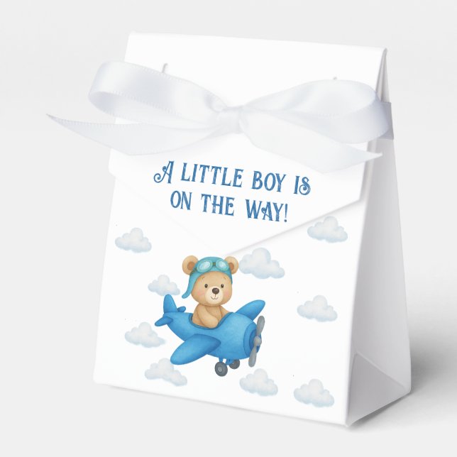 Teddy Bear on Airplane Baby Shower Favour Box (Front Side)