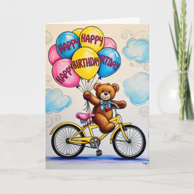 Teddy Bear on bicycle holding balloons Card (Front)