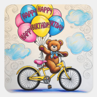 Teddy bear on bicycle holding balloons square sticker