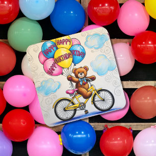 Teddy bear on bicycle holding balloons square sticker