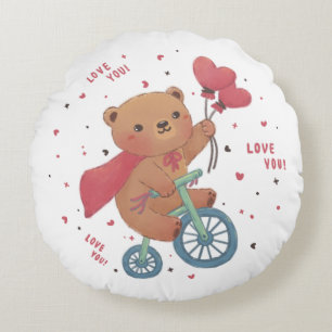 Teddy Bear on Bike: Love You! Round Pillow