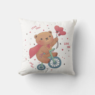 Teddy Bear on Bike: Love You! Throw Pillow