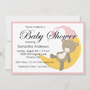 Teddy Bear on Crescent Moon Baby Shower Invitation