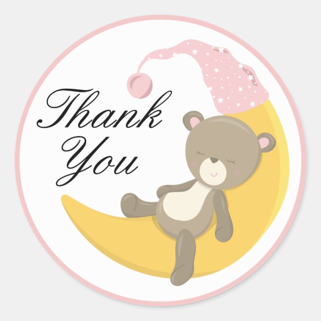 Teddy Bear on Crescent Moon Thank You Classic Round Sticker (Front)