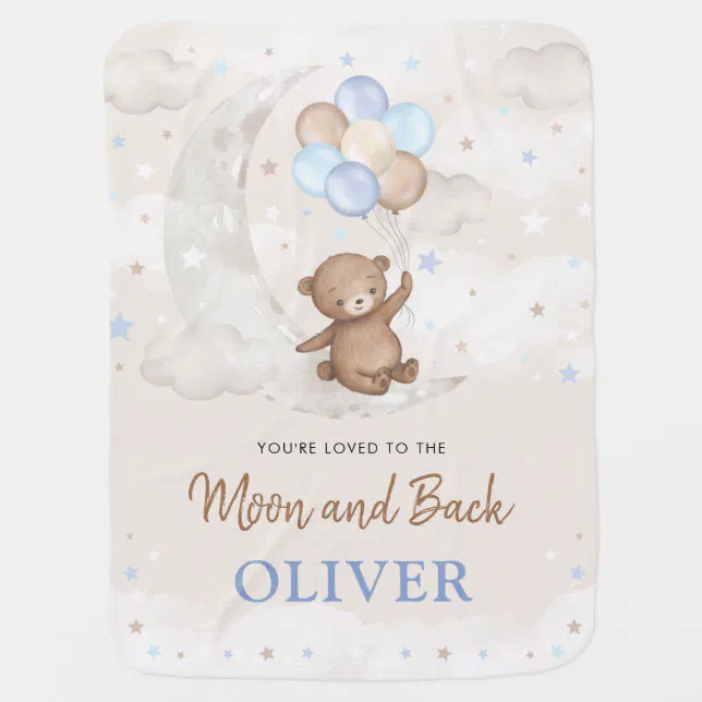 Teddy Bear on Moon Blue Brown Balloons Boy Nursery Baby Blanket Zazzle