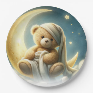 Teddy Bear on Moon Glow Stars Baby Shower Paper Plate