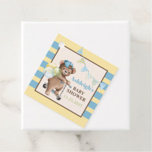 Teddy Bear on Scooter, Striped Baby Shower Favour Tags