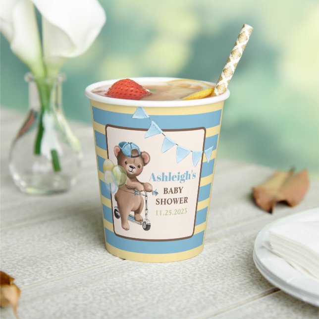 Teddy Bear on Scooter, Striped Baby Shower Paper Cups (Insitu)