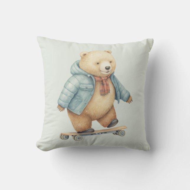 Teddy bear on skate board throw pillow (Front)