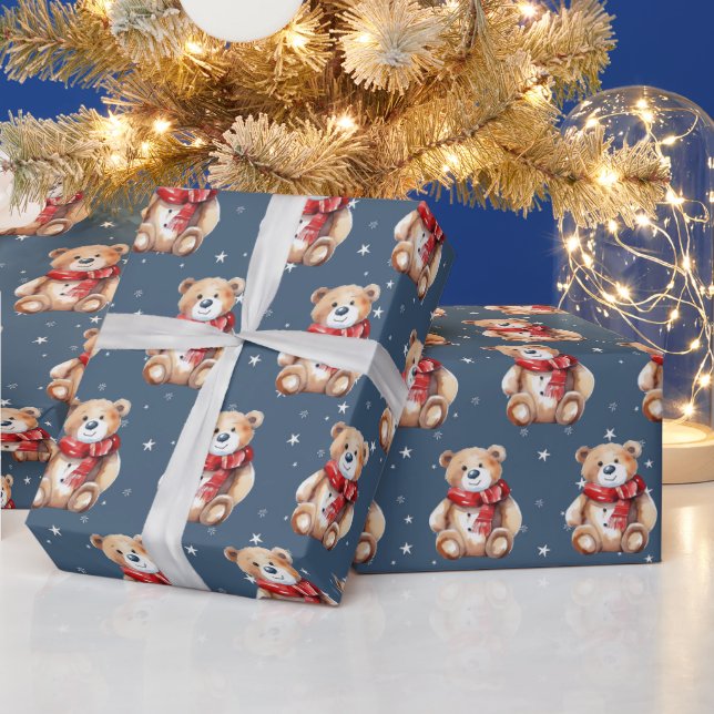 Teddy Bear On Stars and Snowflakes Wrapping Paper (Holidays)