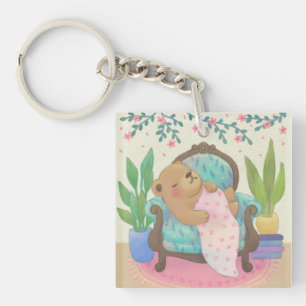 Teddy Bear on Vintage Armchair Illustration Keychain
