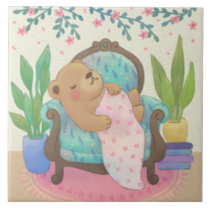 Teddy Bear on Vintage Armchair Illustration Tile