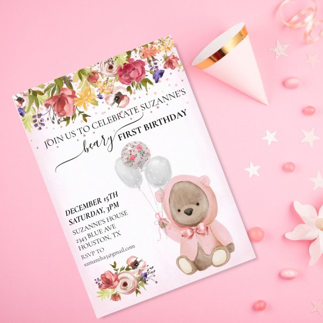Teddy Bear One First Birthday Pink Girl  Invitation (Creator Uploaded)