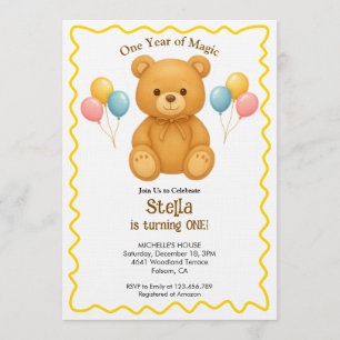 Teddy Bear One Year of Magic First Birthday Invitation