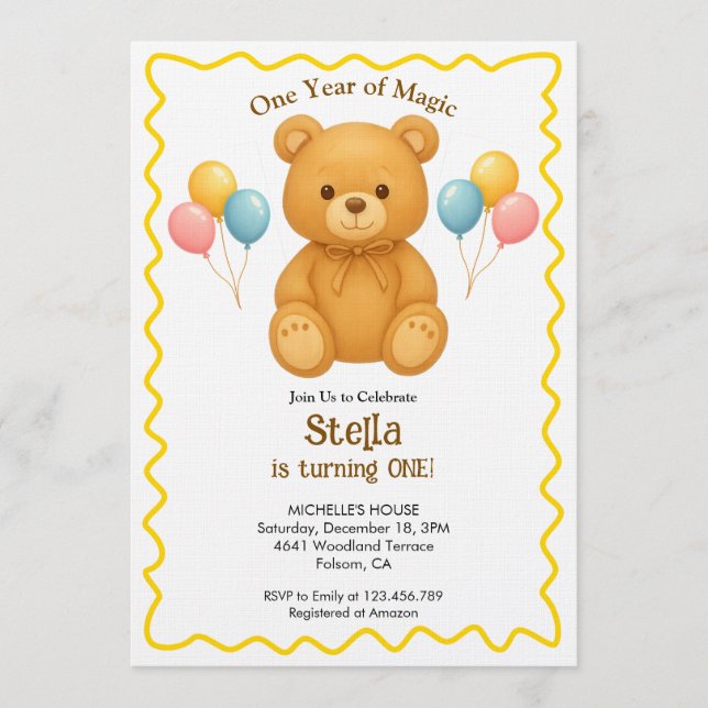 Teddy Bear One Year of Magic First Birthday  Invitation (Front)