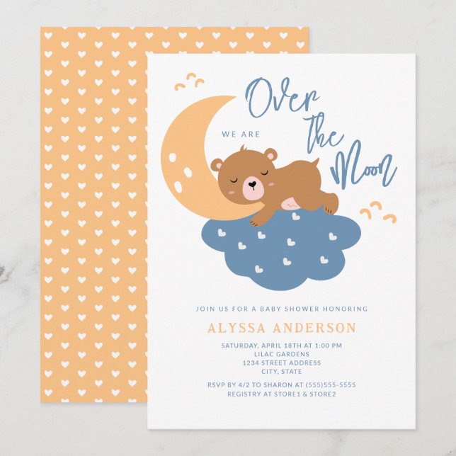 Teddy Bear Over the Moon Baby Shower Invitation (Front/Back)