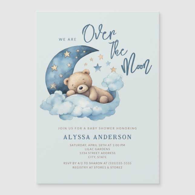 Teddy Bear Over the Moon Baby Shower Magnetic Invitation (Front)