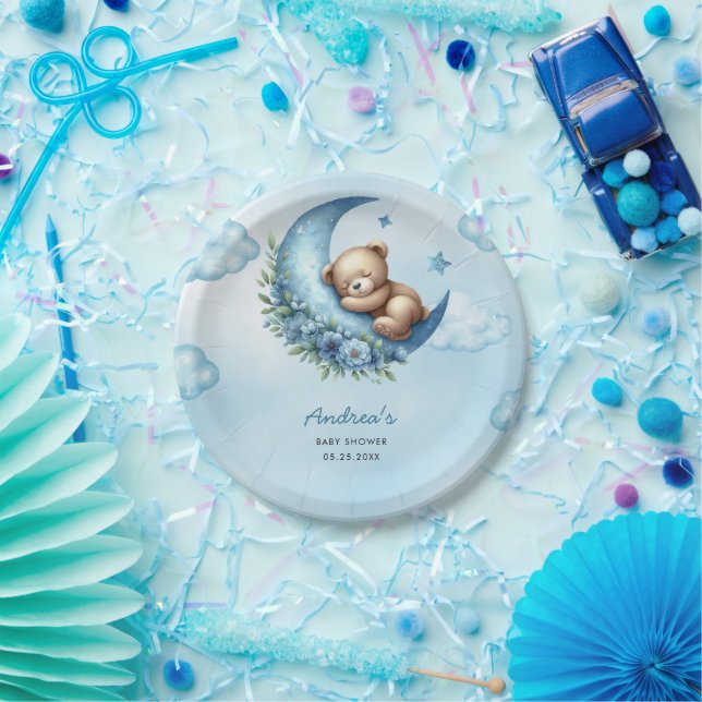 Teddy Bear Over The Moon Baby Shower Paper Plate (Party)