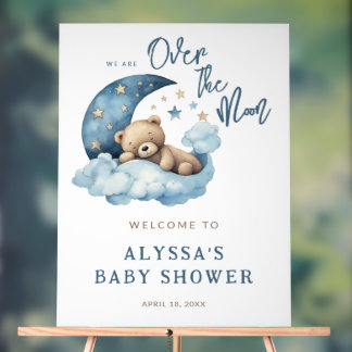 Teddy Bear Over the Moon Baby Shower Welcome Acrylic Sign