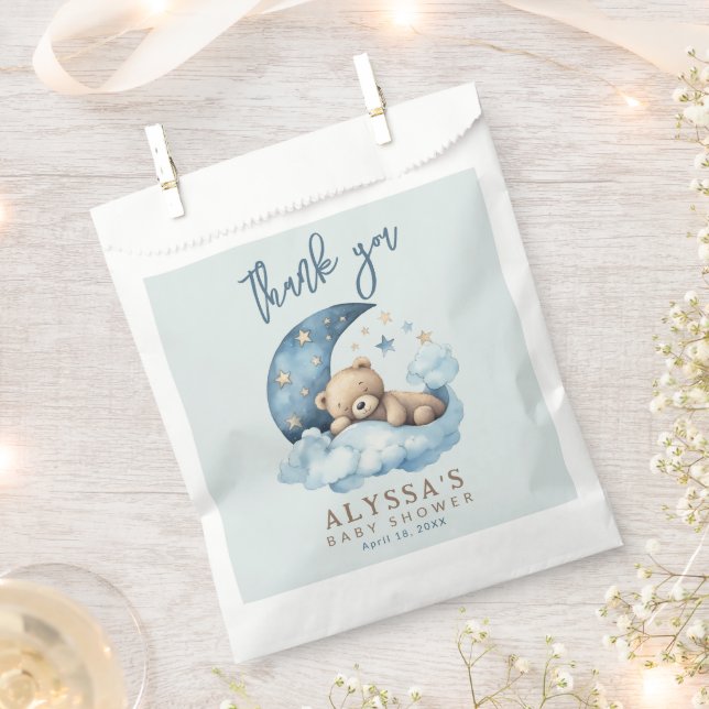 Teddy Bear Over the Moon Blue Baby Shower Favour Bag (Clipped)
