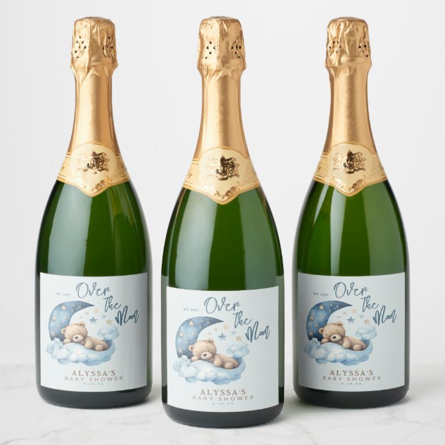 Teddy Bear Over the Moon Blue Baby Shower Sparkling Wine Label (Bottles)