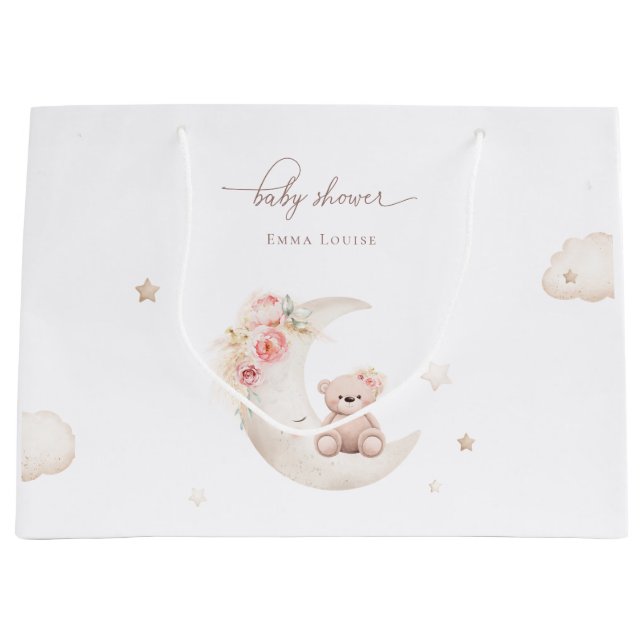 Teddy Bear Over The Moon Neutral Baby Shower  Large Gift Bag (Front)