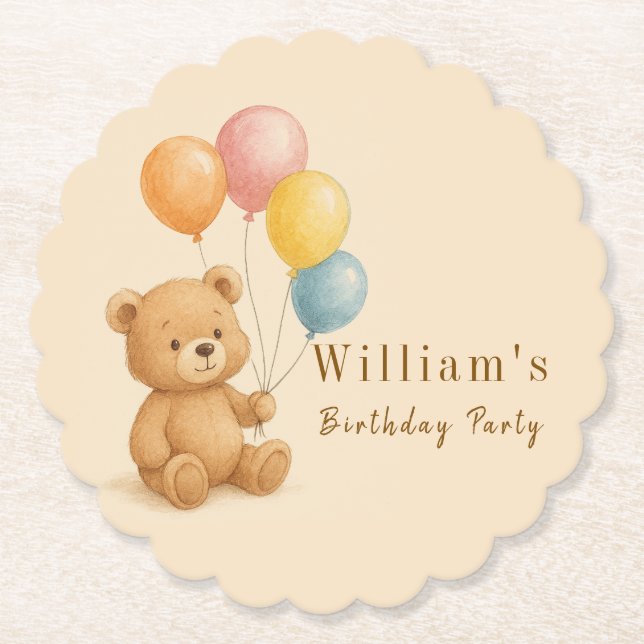Teddy Bear Paper Coaster with Pastel Balloons (Front)