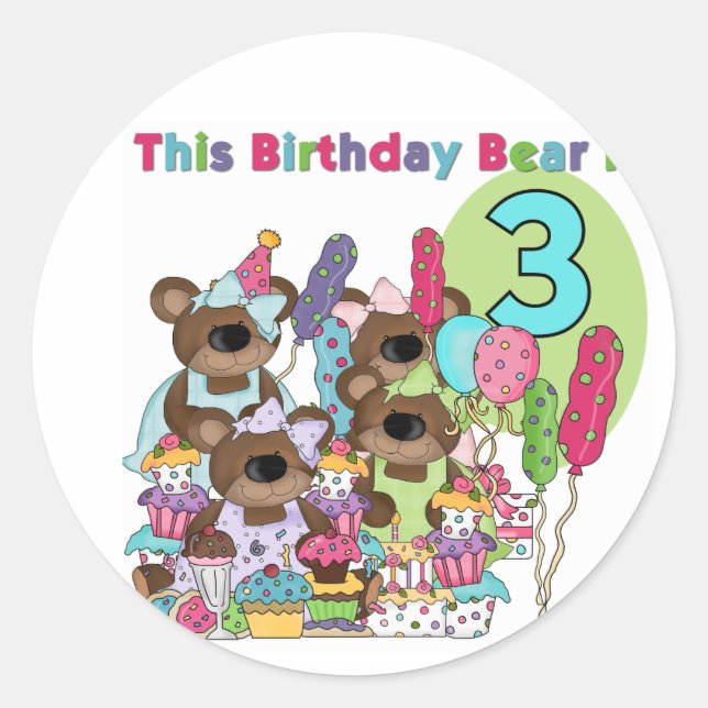 Teddy Bear Party 3rd Birthday Tshirts and Gifts Classic Round Sticker (Front)