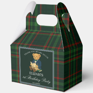 Teddy bear party favors green plaid personalized favor box