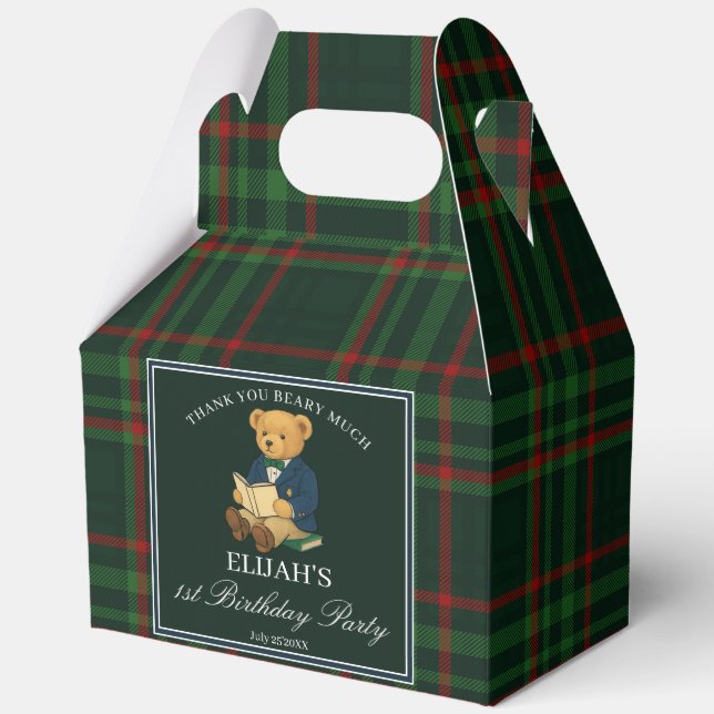 Teddy bear party favors green plaid personalized favor box (Front)