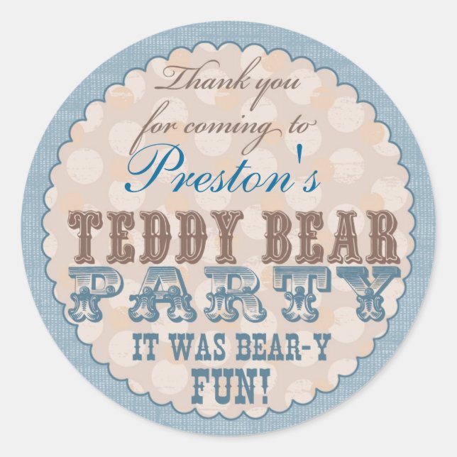 Teddy Bear Party Thank You Sticker - Blue (Front)