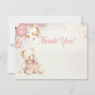 Teddy Bear Pastel Pink Champagne Gold Baby Girl Thank You Card