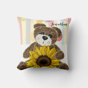 Teddy Bear Pastel Stripe Throw Pillow