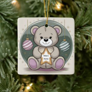 Teddy bear personalized baby's first christmas ceramic ornament