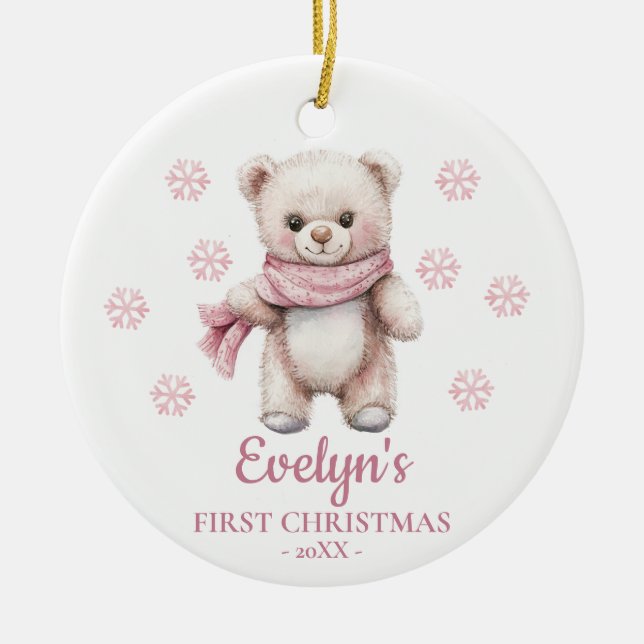 Teddy Bear Personalized Girl's First Christmas Ceramic Ornament (Front)