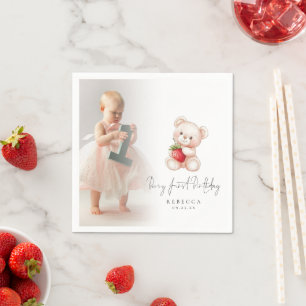 Teddy Bear Photo Overlay Berry First Birthday Napkin