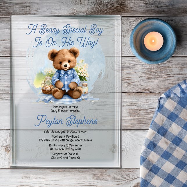 Teddy Bear Picnic Beary Special Boy Baby Shower Acrylic Invitations ("A Beary Special Boy Is On His Way!" Cute Teddy Bear Picnic Boy Baby Shower Acrylic Invitation)